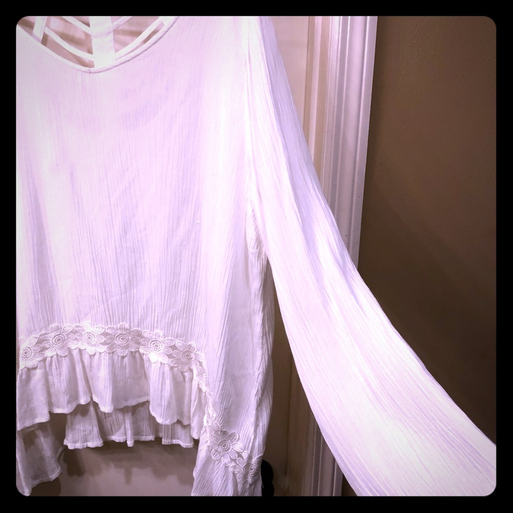 White, long sleeve, peasant blouse, lace flowers